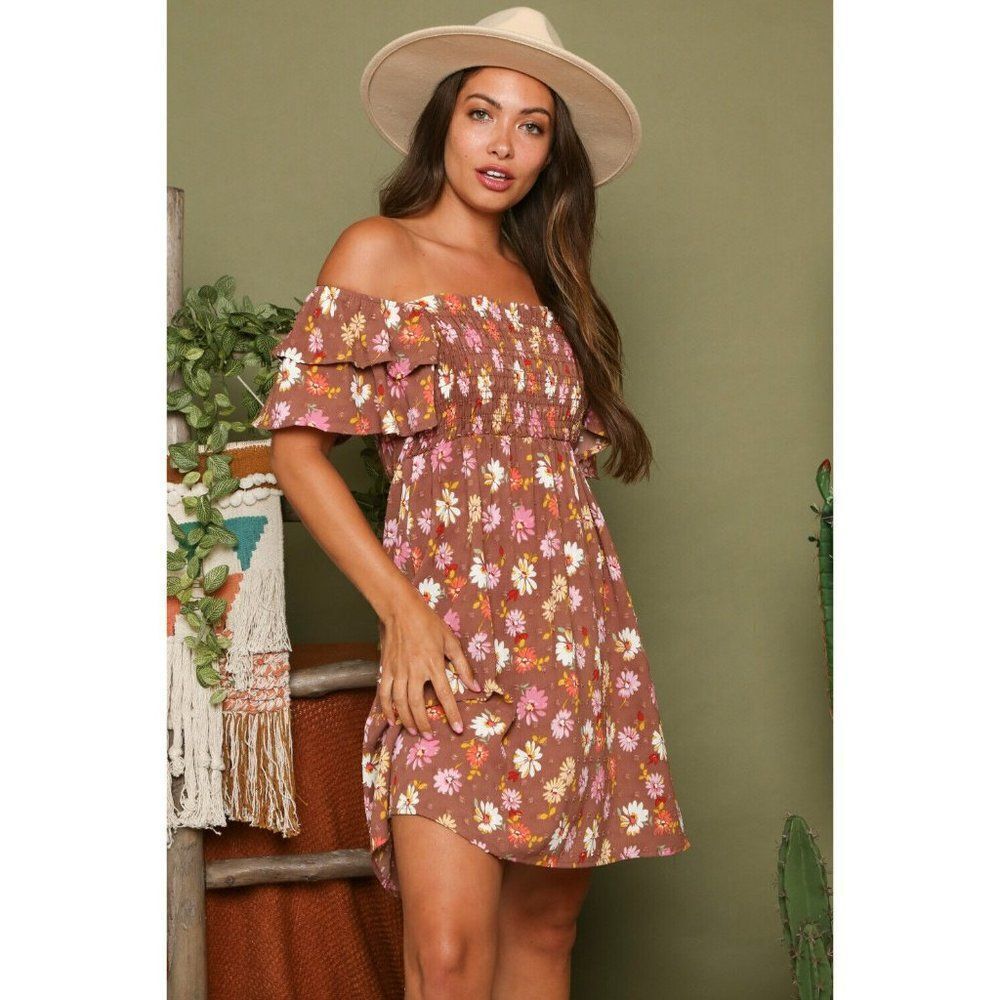 SALE! Fantastic Fawn Sweet Cocoa Retro Floral 70s Mini Babydoll Dress FD52000-01